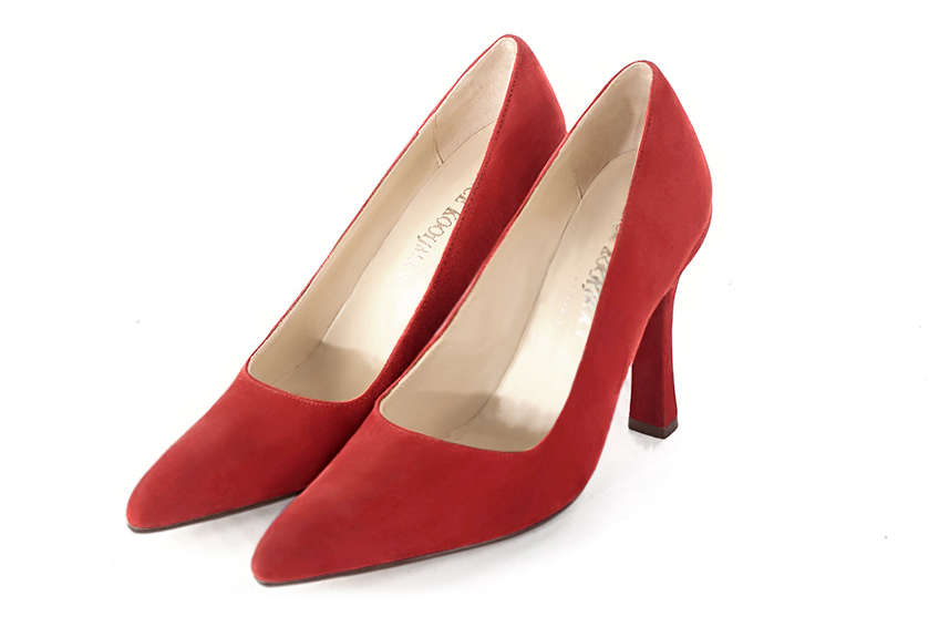 Scarlet red women's dress pumps,with a square neckline. Tapered toe. Very high spool heels. Front view - Florence KOOIJMAN